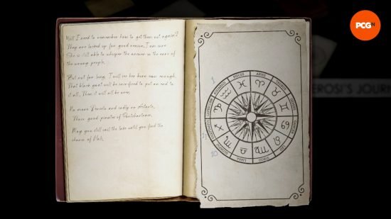 alone-in-the-dark-zodiac-journal A journal featuring a wheel with all zodiac signs, each associated with a number, part of the Alone in the Dark combination lock puzzles.