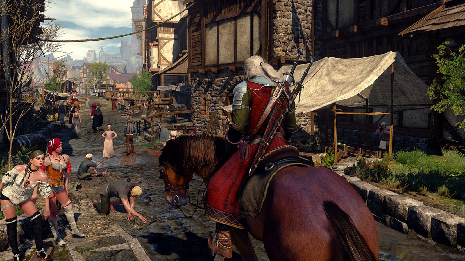 Best Witcher 3 settings: Geralt riding on horse through town with bystanders watching from street