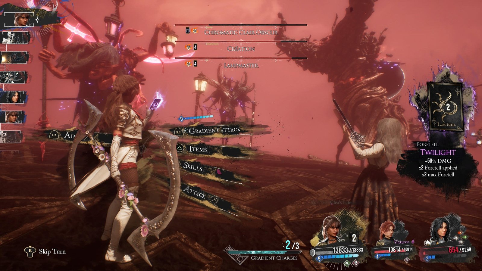Sciel, Maelle, and Lune in battle during the Endless Tower in Clair Obscur.
