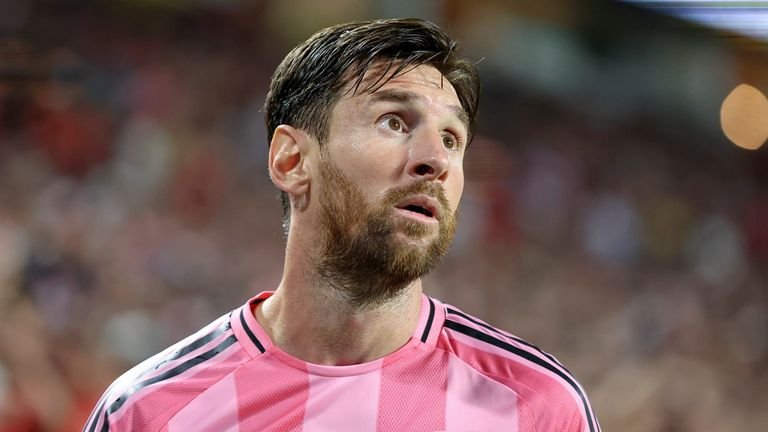 MIAMI GARDENS, FL - JUNE 14: Lionel Messi (10) of Inter Miami CF looks on during the FIFA Club World Cup Group A game between Al Ahly FC v Inter Miami CF at the Hard Rock Stadium on June 14, 2025 in Miami Gardens, Florida. (Photo by Chris Arjoon/Icon Sportswire) (Icon Sportswire via AP Images)
