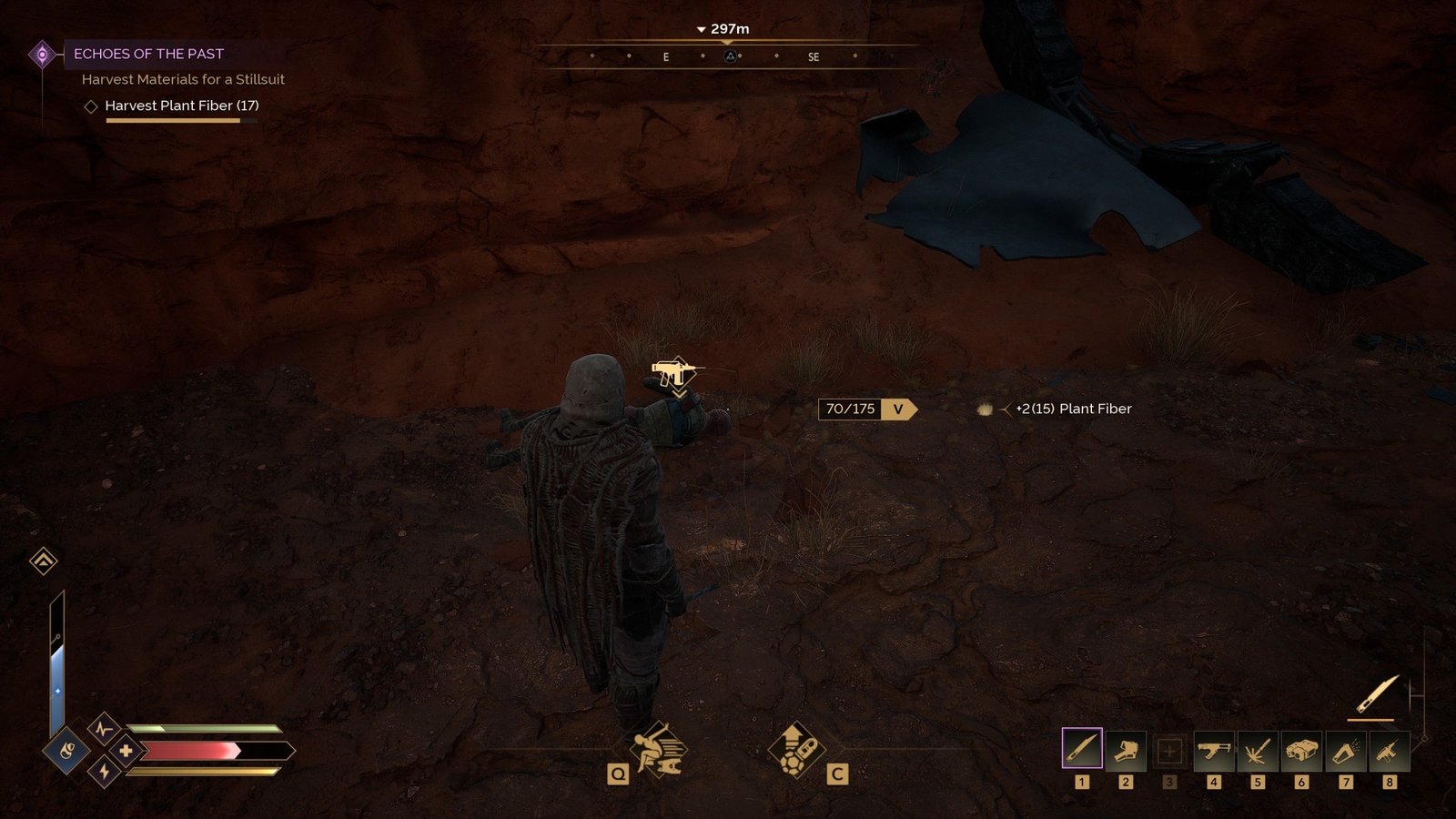 A Dune Awakening player standing over a fallen enemy, preparing to extract blood