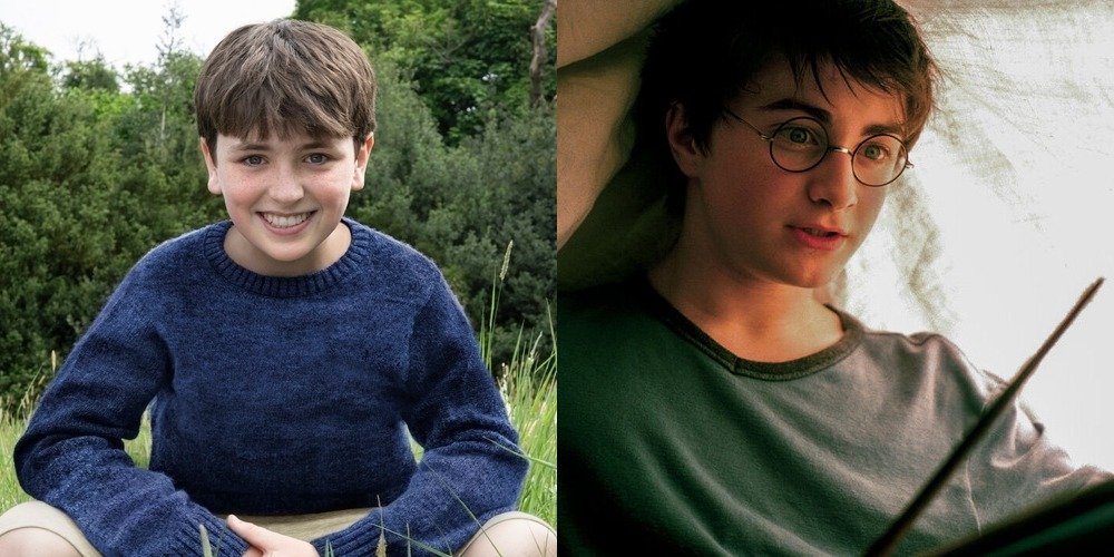 Left: Dominic McLaughlin in a Warner Bros. Discovery cast photo released in 2025. Right: Daniel Radcliffe as Harry Potter on set in 2003.