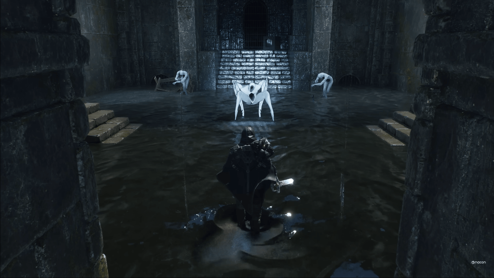 Creepy white enemies approach in a dark dungeon in Hell Is Us