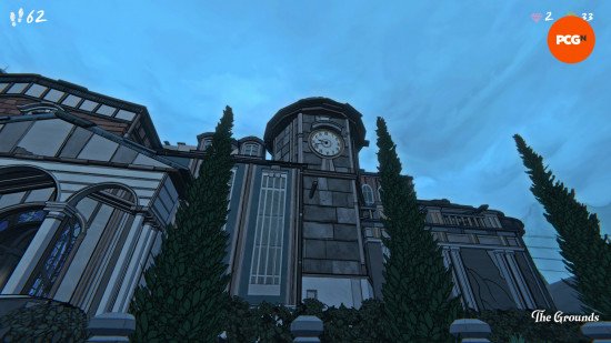 The puzzle-box mansion in Blue Prince as seen from the grounds, a clock inlaid in one of its towers.