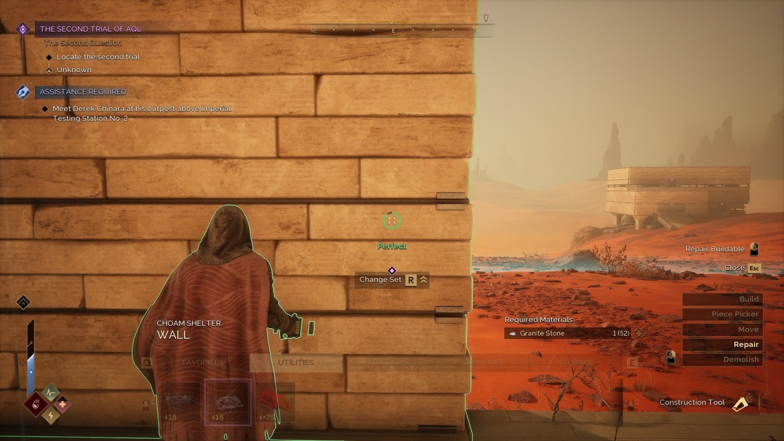 A Dune Awakening player pointing the construction tool’s repair function at a partially damaged wall.