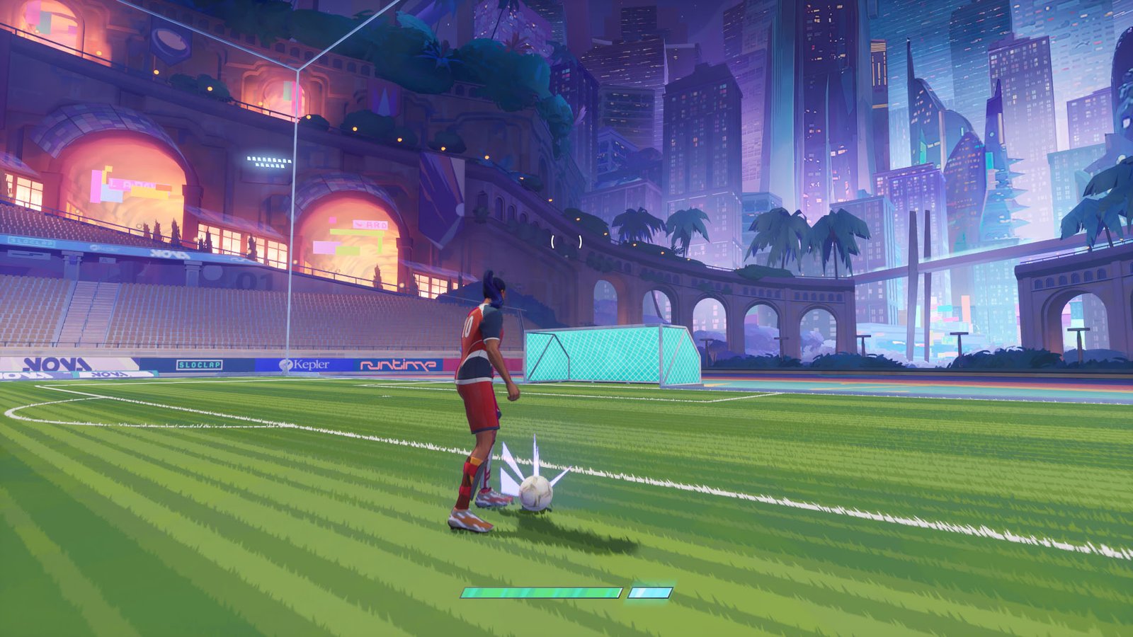 A Rematch screenshot showing a character with the ball in front of the goal.