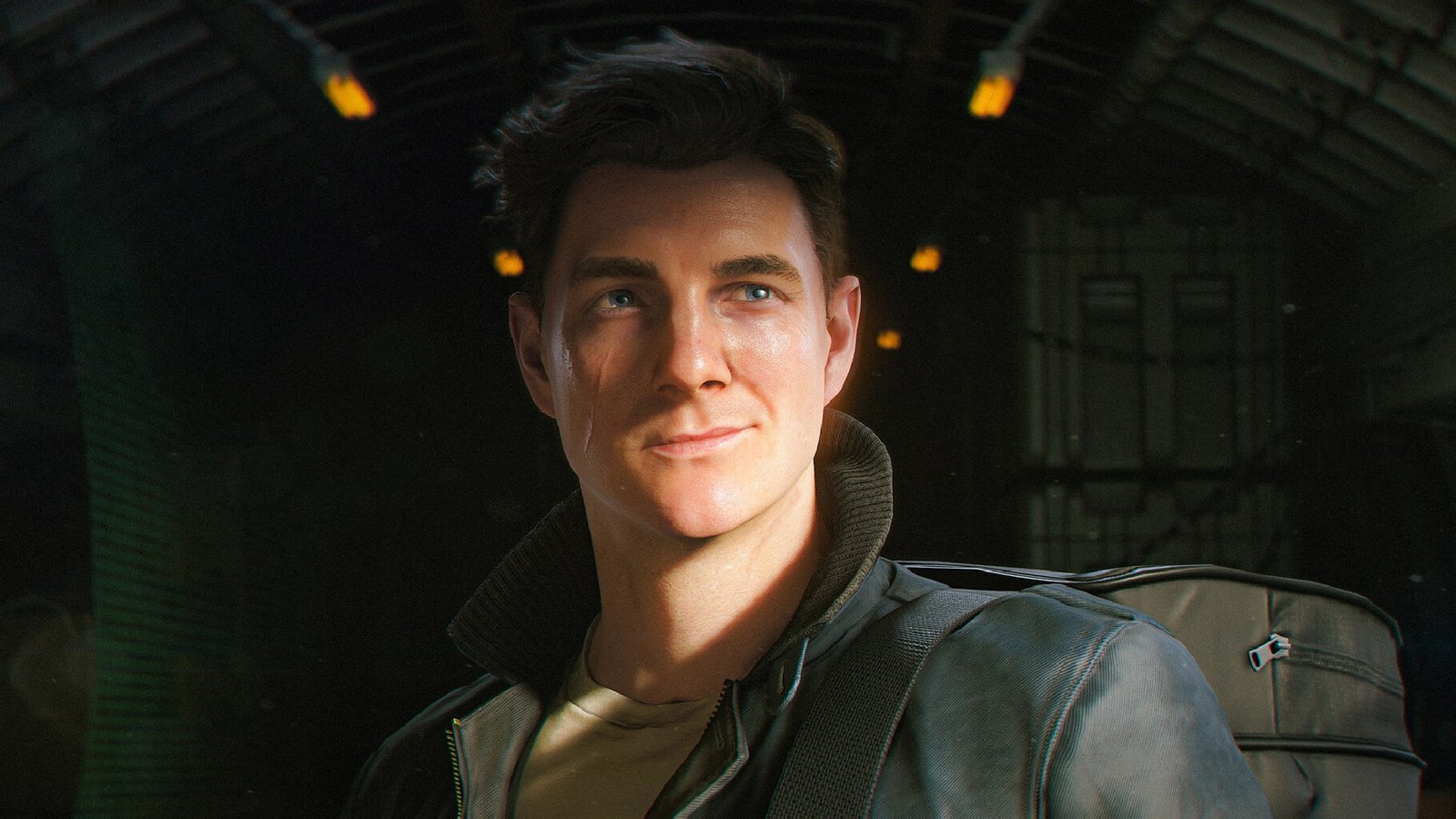 007 First Light: A man with dark brown hair and a scar down his face smirking