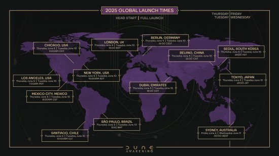 The Dune Awakening server launch times for early access and release.