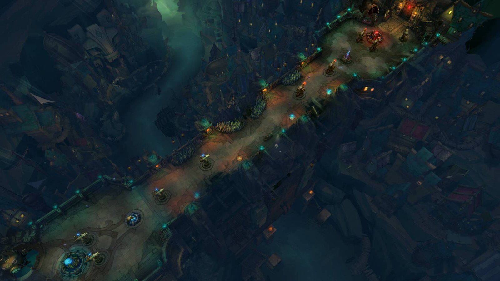 An image of League of Legends' Butcher's Bridge ARAM map, a dark rock bridge lit by eerie green light