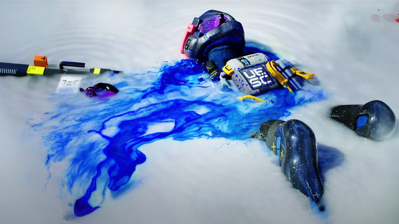 A robotic soldier bleeds out after being shot in Marathon’s trailer. The soldier’s blood is blue instead of red.