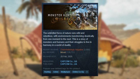 Monster Hunter Wilds Monster Hunter Wilds, a Steam page showing its negative ratig.