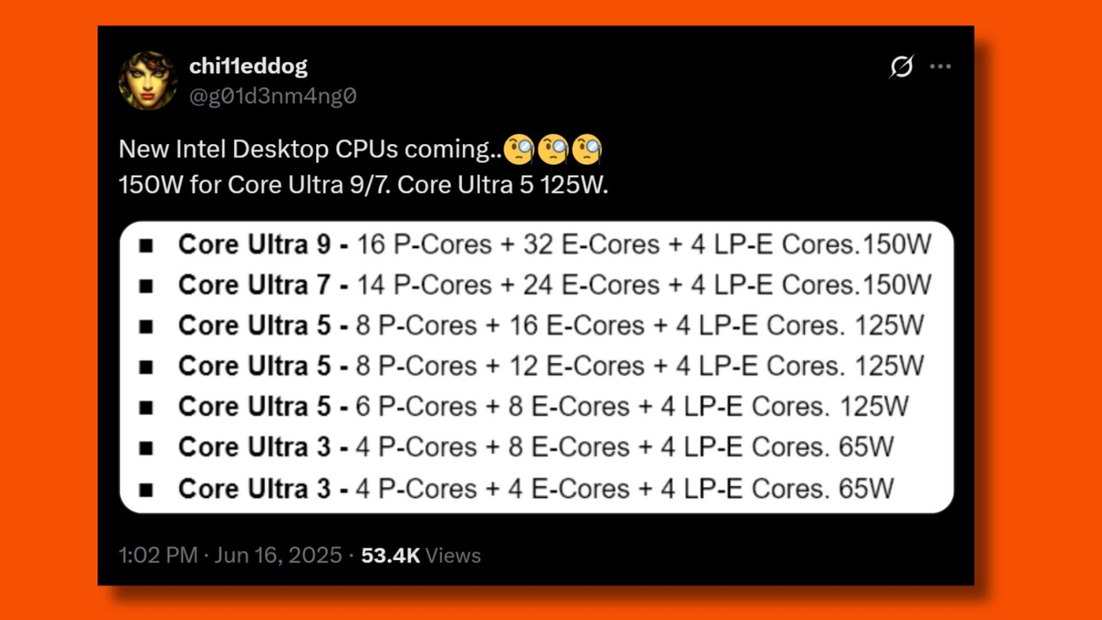 Screenshot of chi11eddog's Tweet with alleged Intel Core specs.