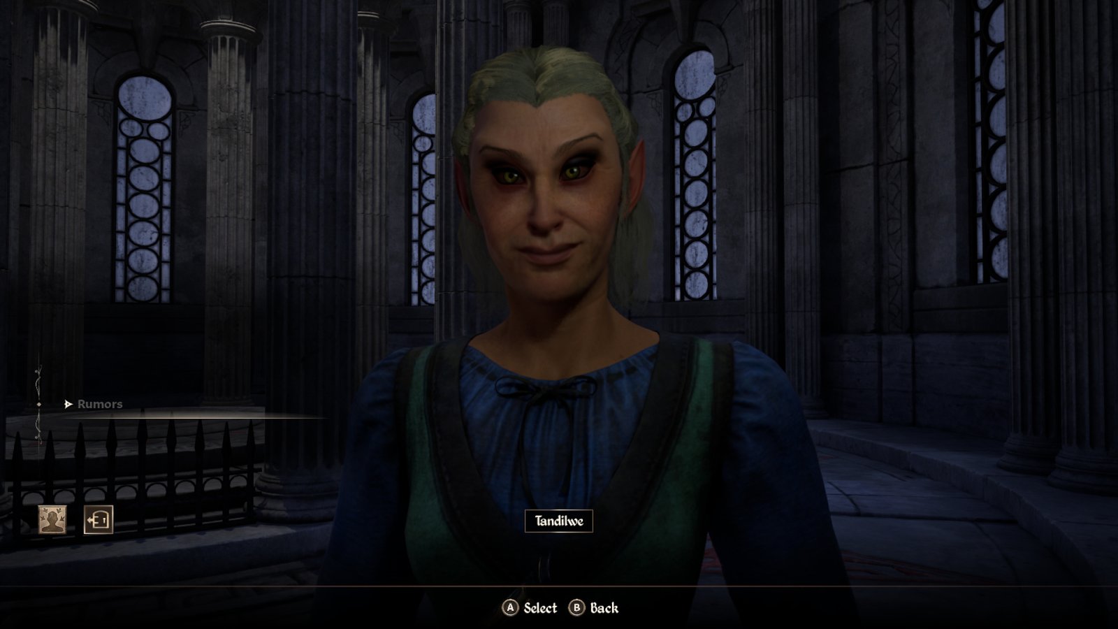 A female elf NPC with a way-too-symmetrical face smiles at the camera