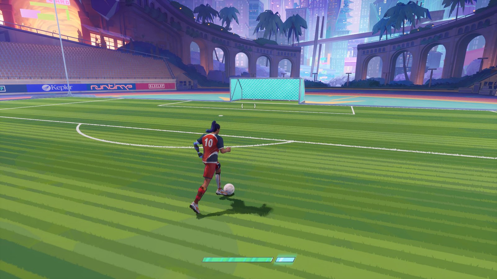 A Rematch screenshot showing a character in the Freeplay mode moving toward the goal.