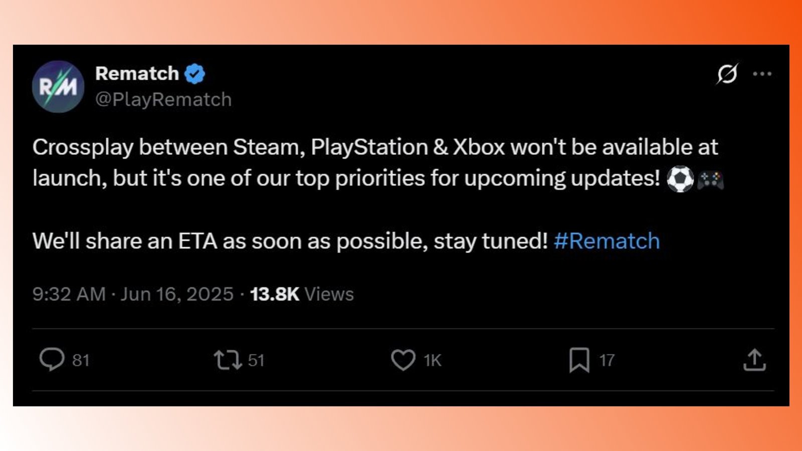 rematch-crossplay-pc-consoles Rematch: A screenshot of an X post set against on orange backdrop