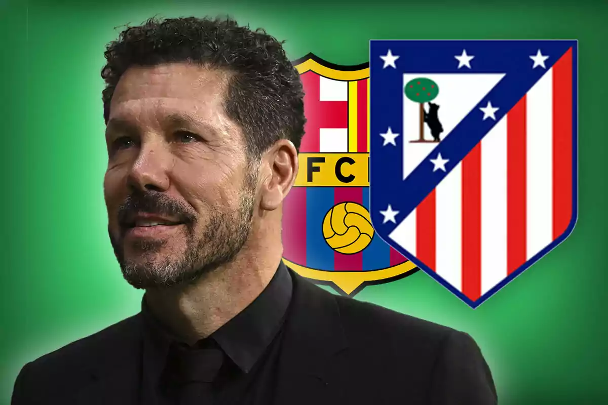 A man with a beard and curly hair appears in front of the crests of two soccer teams on a green background.