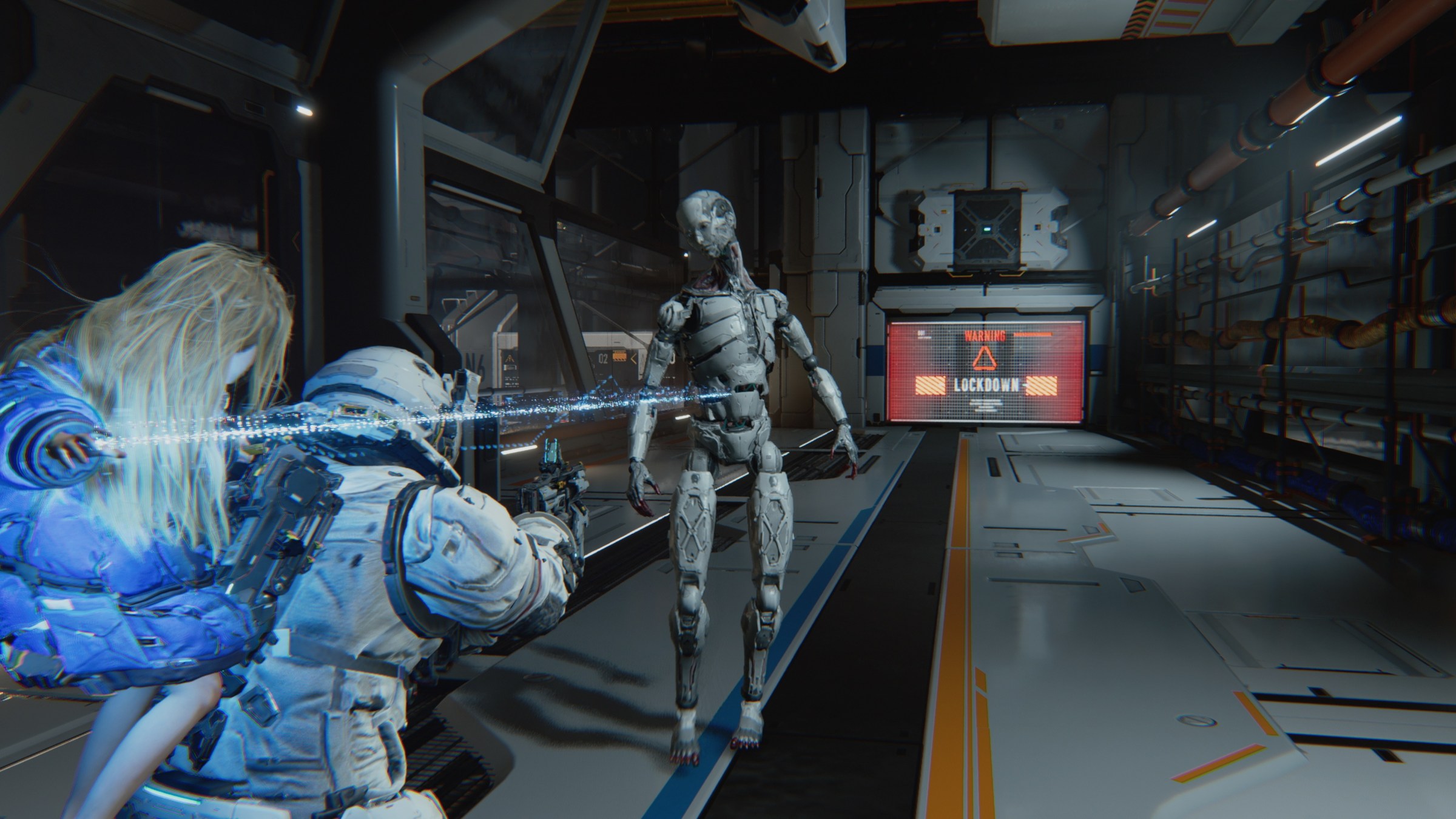 Diana hacks an enemy android while riding on Hugh’s back in a screenshot from Pragmata