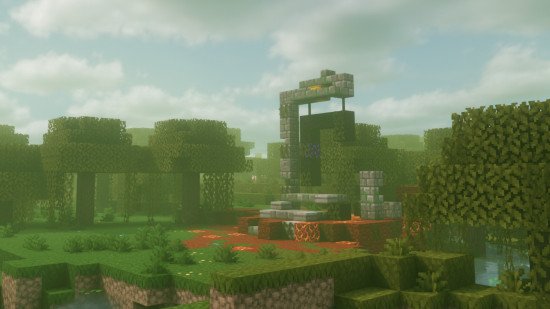 minecraft-bliss-shaders A green fog covers a swamp biome with the Minecraft Bliss shader pack installed.