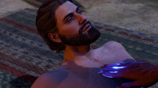 Baldur's Gate 3 sex: a half naked man, and a hand stroking his chest.