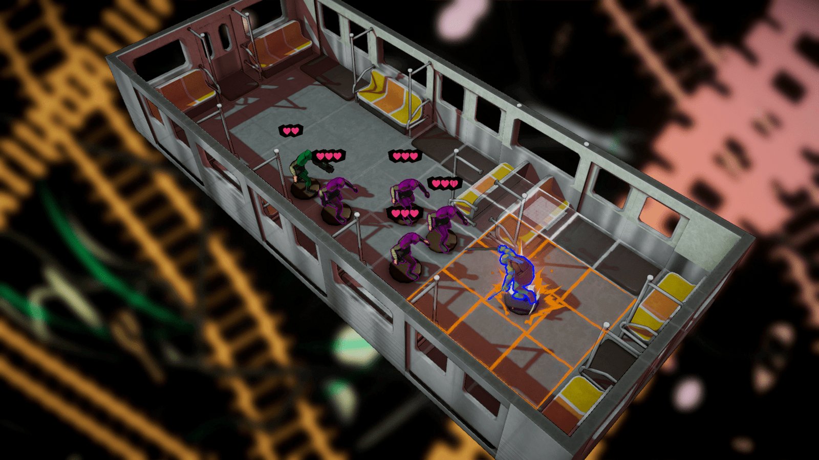An isometric shot of TMNT: Tactical Takedown featuring one of the turtles in a corridor, fighting a group of oncoming enemies