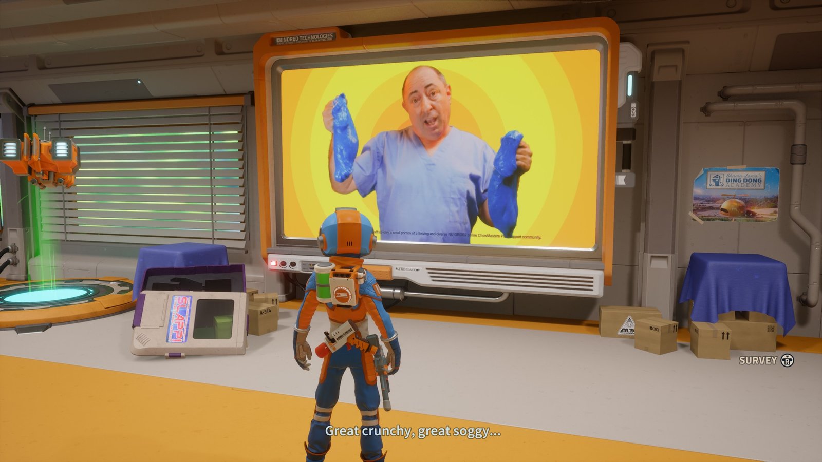 Astronaut looks at a slime commercial in the space habitat in Revenge of the Savage Planet