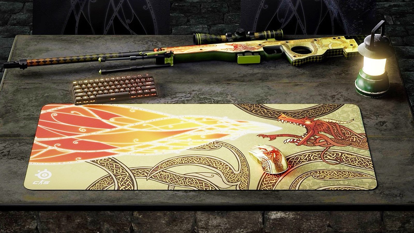 dragon-lore-steelseries-collection An image of the Aerox 3 Wireless and QcK XXL with the Dragon Lore design while an AWP with the skin sits above them.