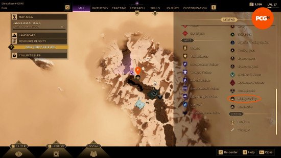 The in-game map showing the location of Dune Awakening Erythrite Crystal.