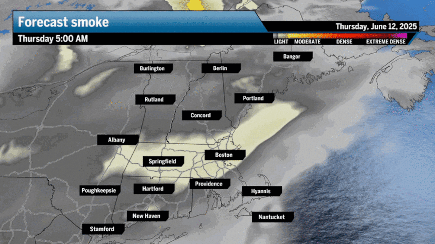 Canadian wildfire smoke will push into New England on Thursday before a front clears it away.